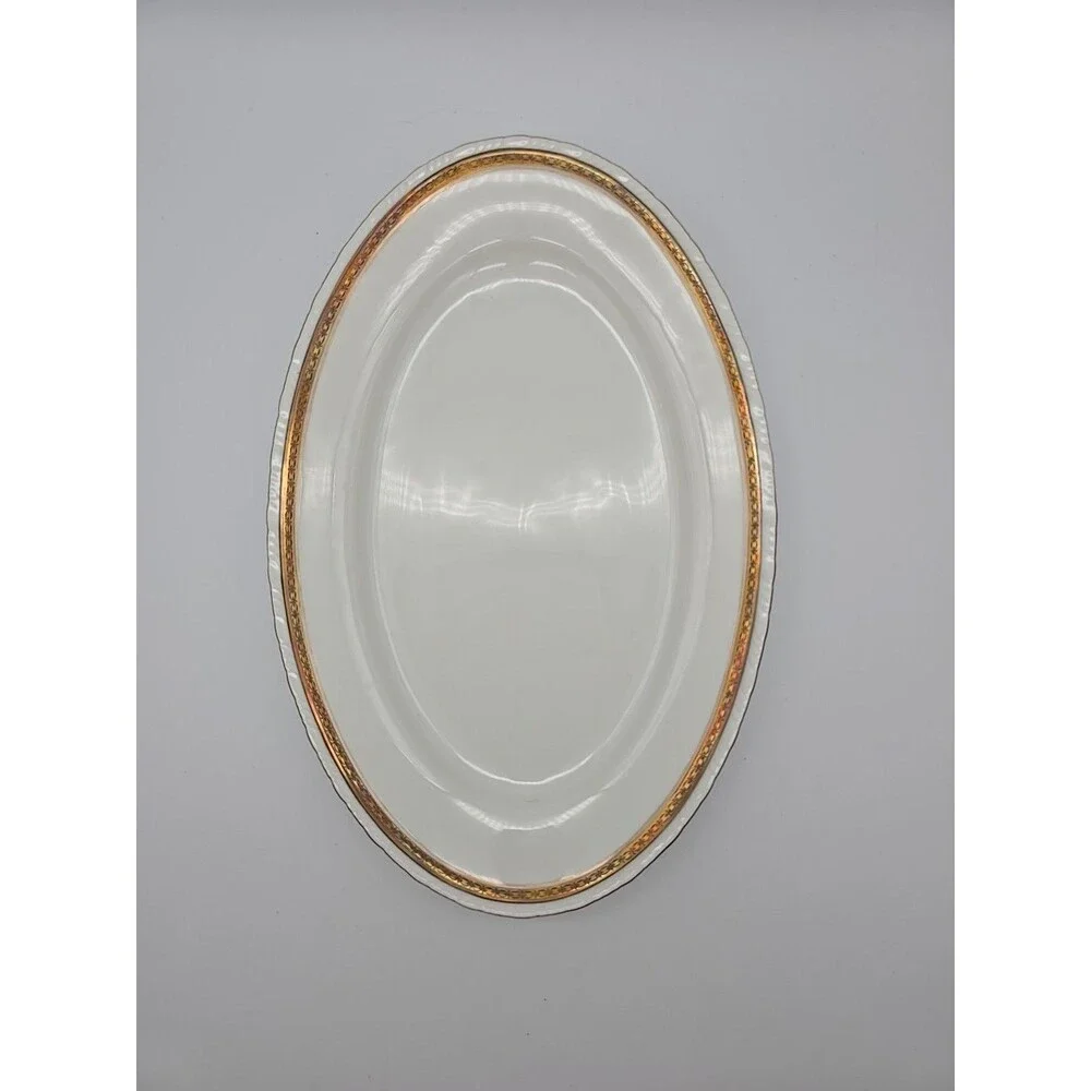 Rorstrand Sweden Oval Porcelain Platter #523 Gold Ribbon Pattern 13.25